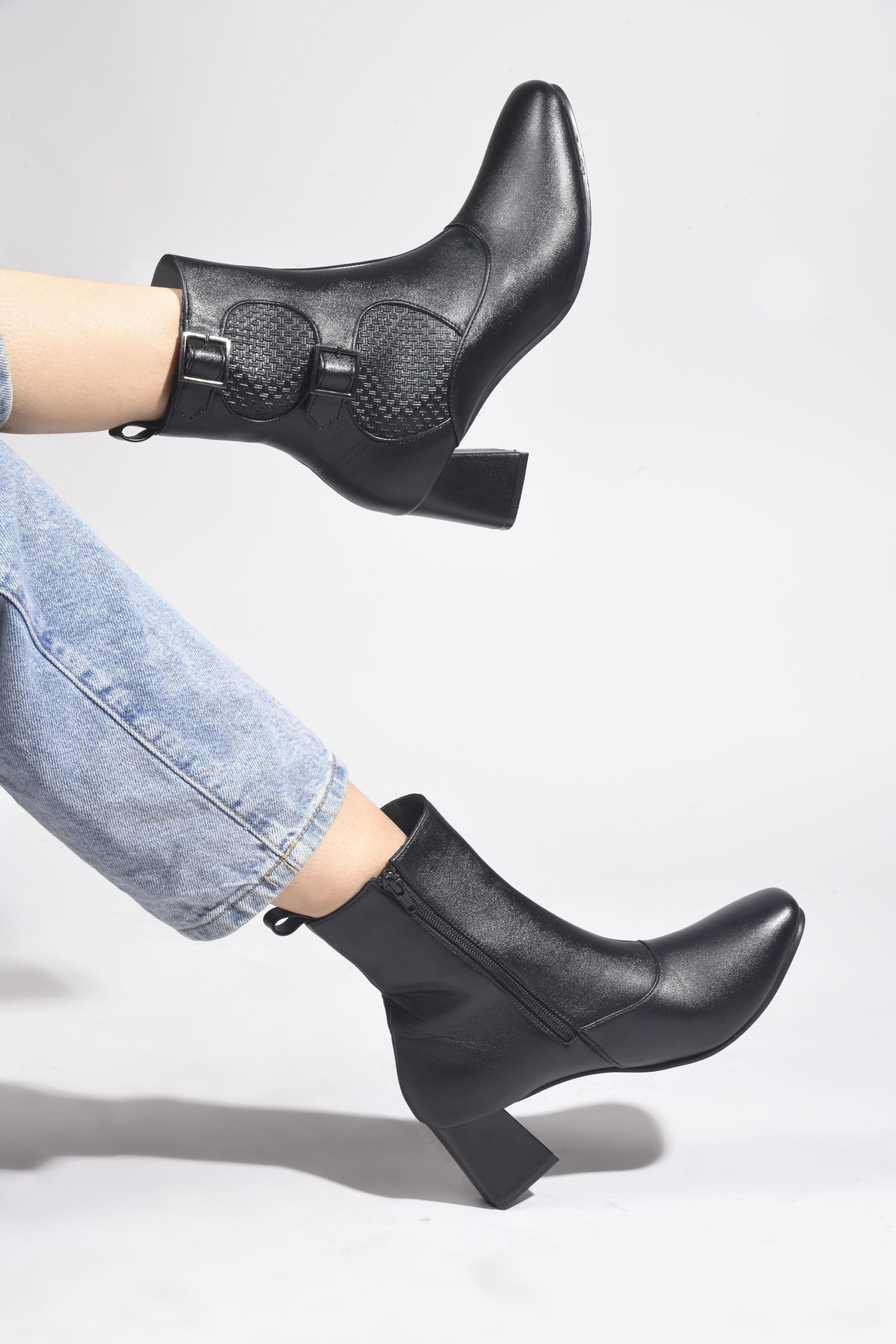 Mid Calf Block Heel Buckle Boots