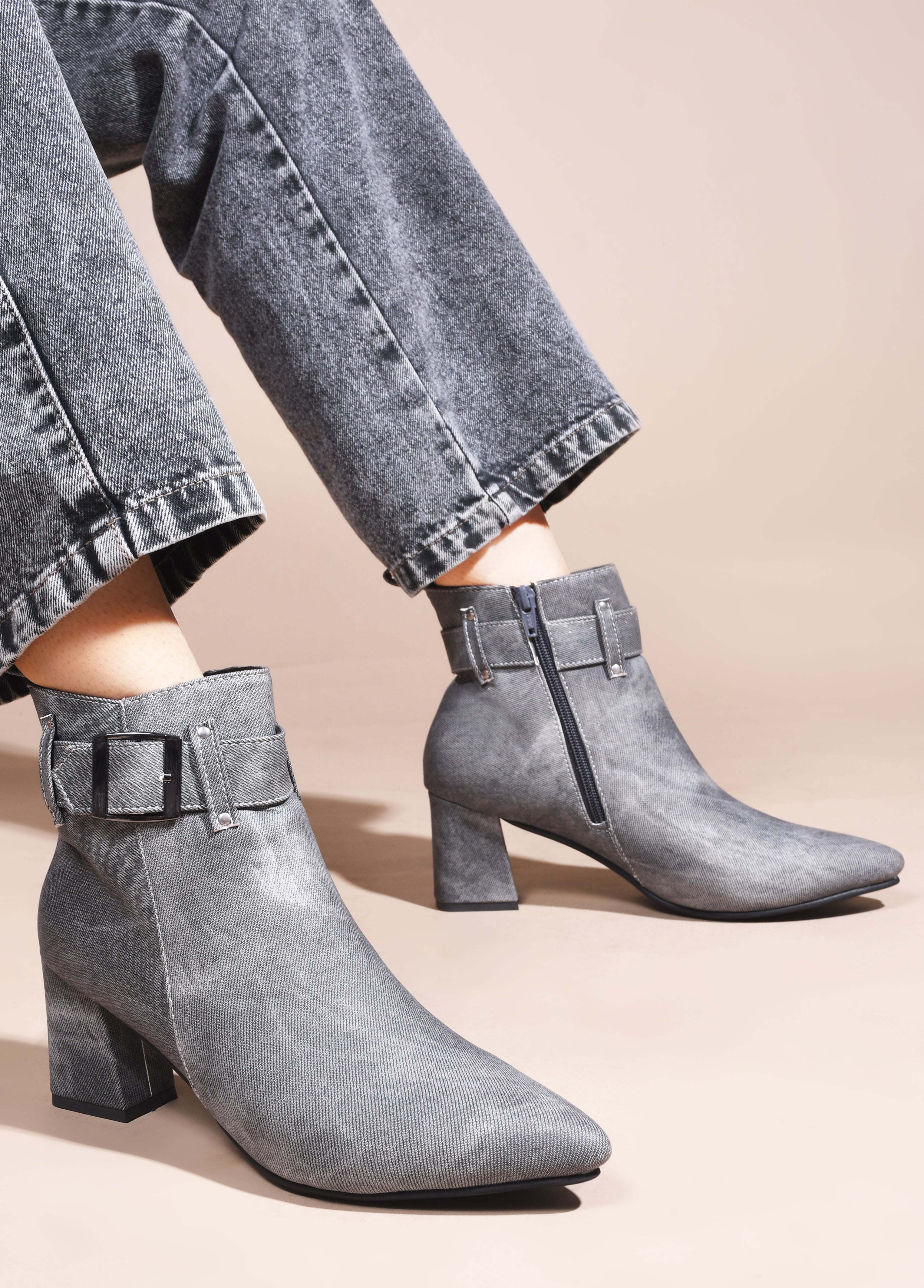 Denim Block Heel Casual Boots
