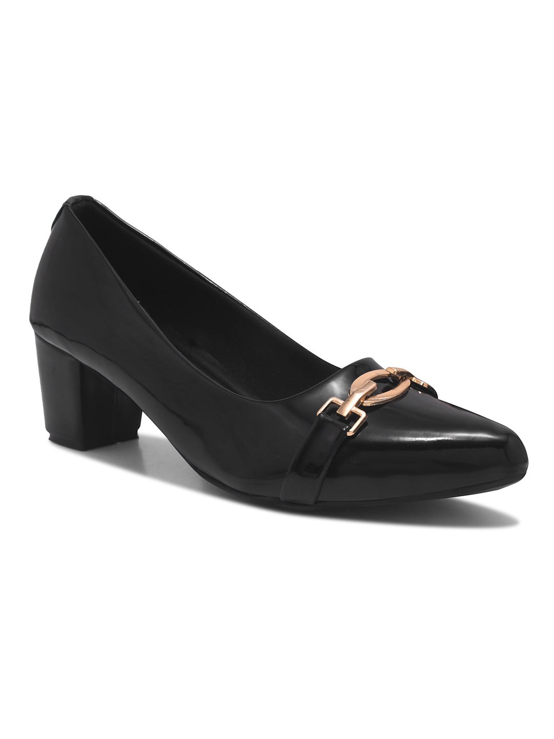 Black Classic Patent Block Pumps Heels with Gold Buckle