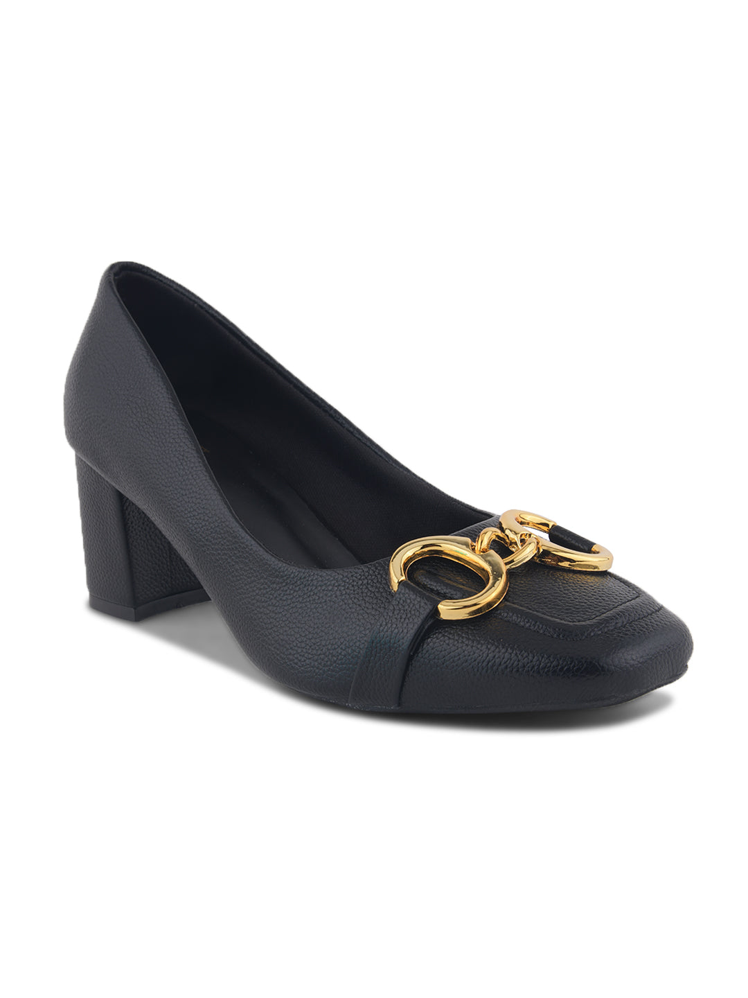 Textured Black Chain Block Heel Heel Pumps