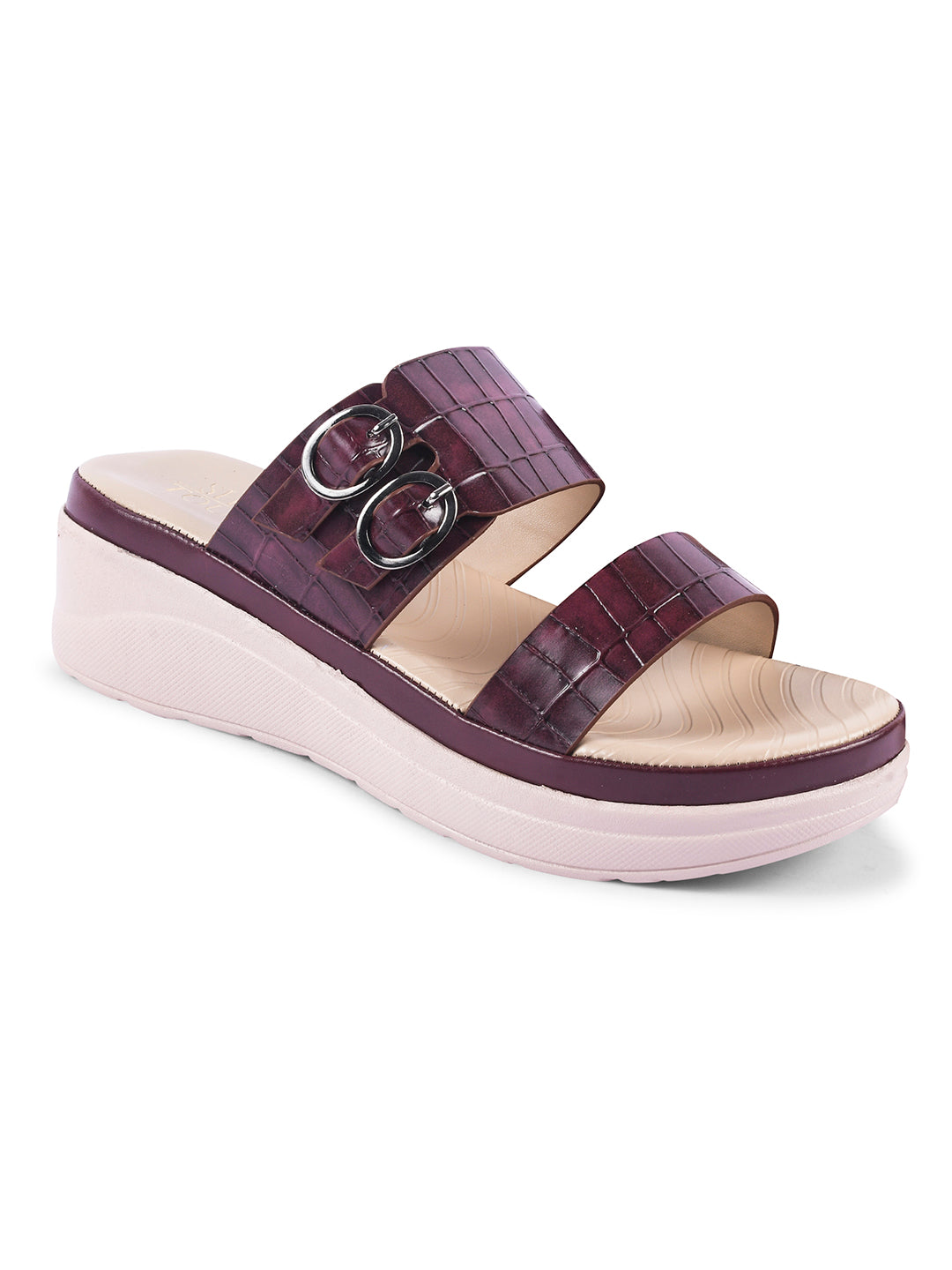 Textured Round Toe Comfort Wedges with Back Straps