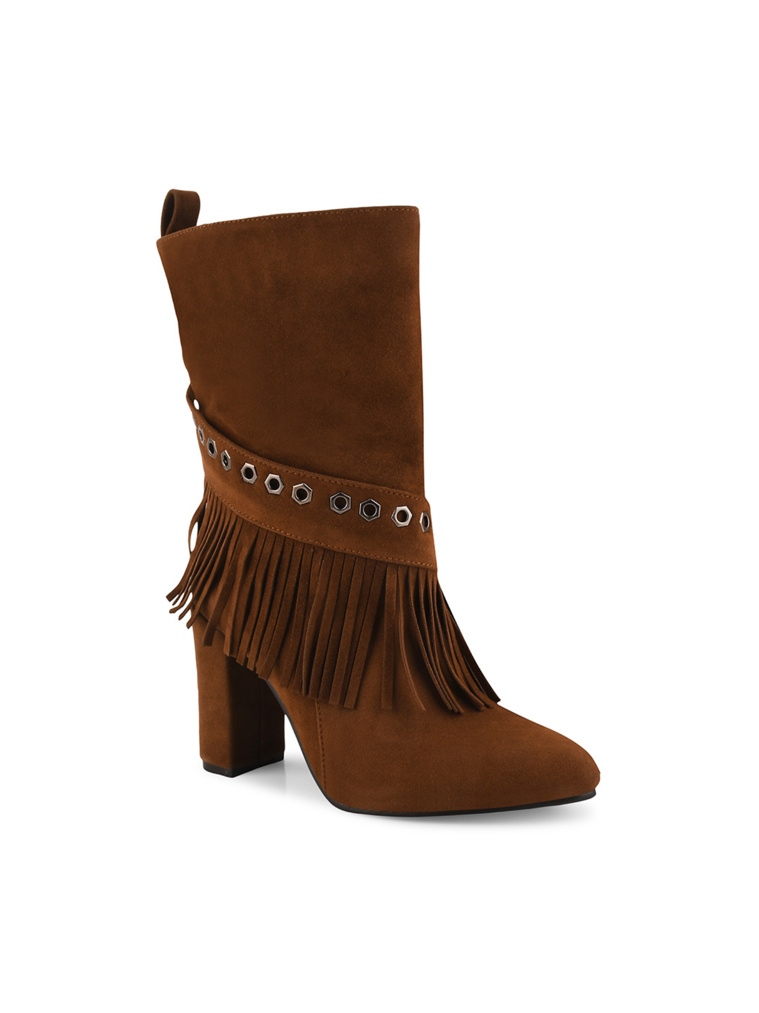 Women Fringed Block-Heeled Nubuck Chunky Boots