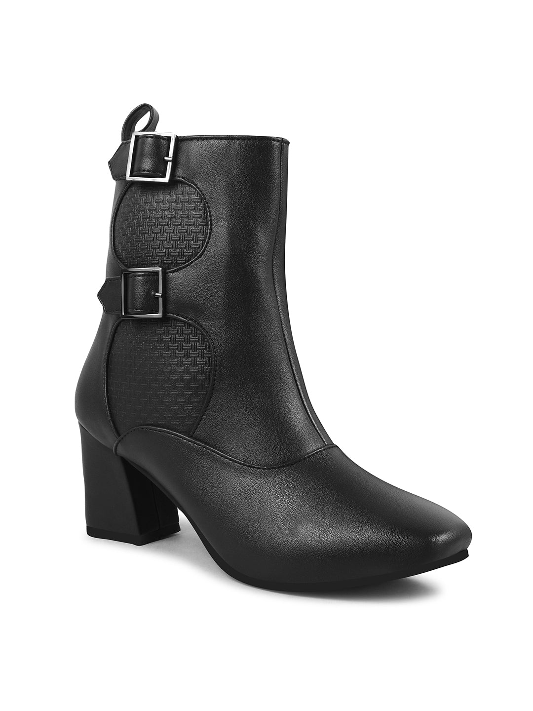 Mid Calf Block Heel Buckle Boots