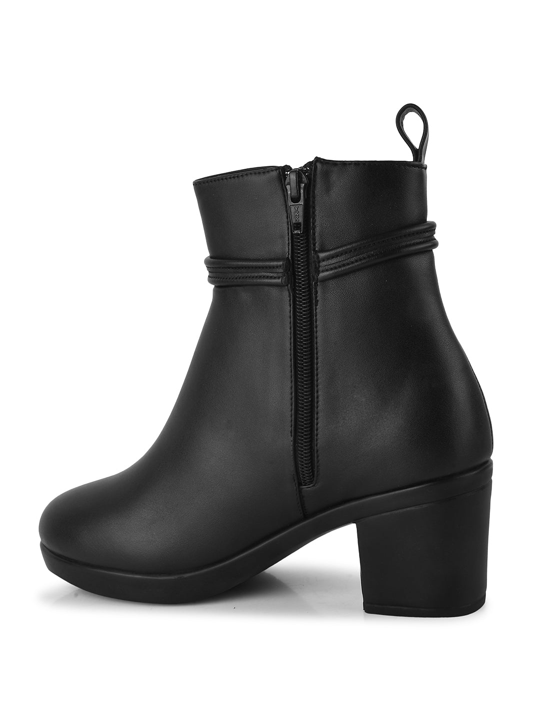 Black Solid Block Heel Ankle Boots