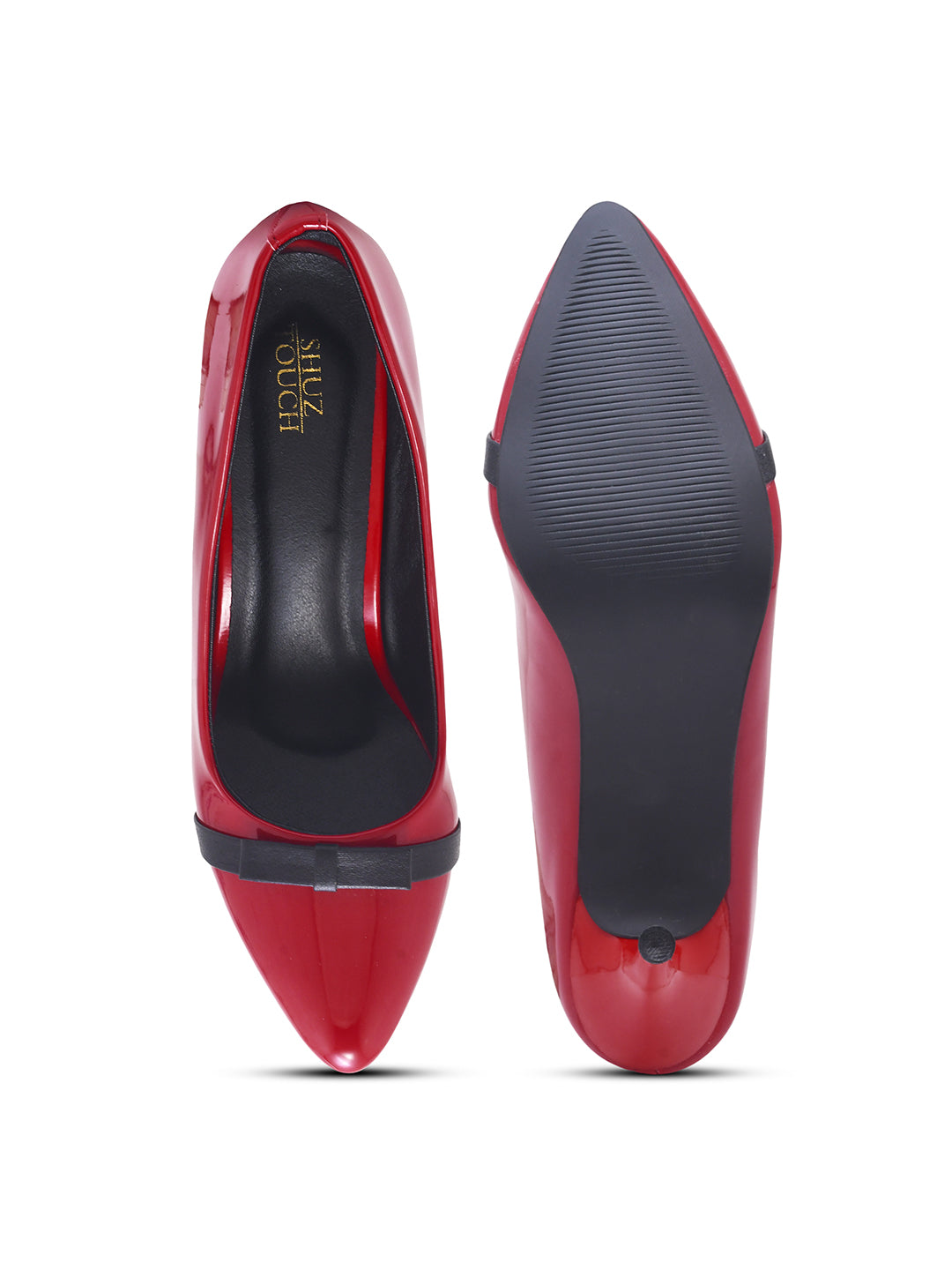 Patent Embellished Red Pumps Heels with Black Details