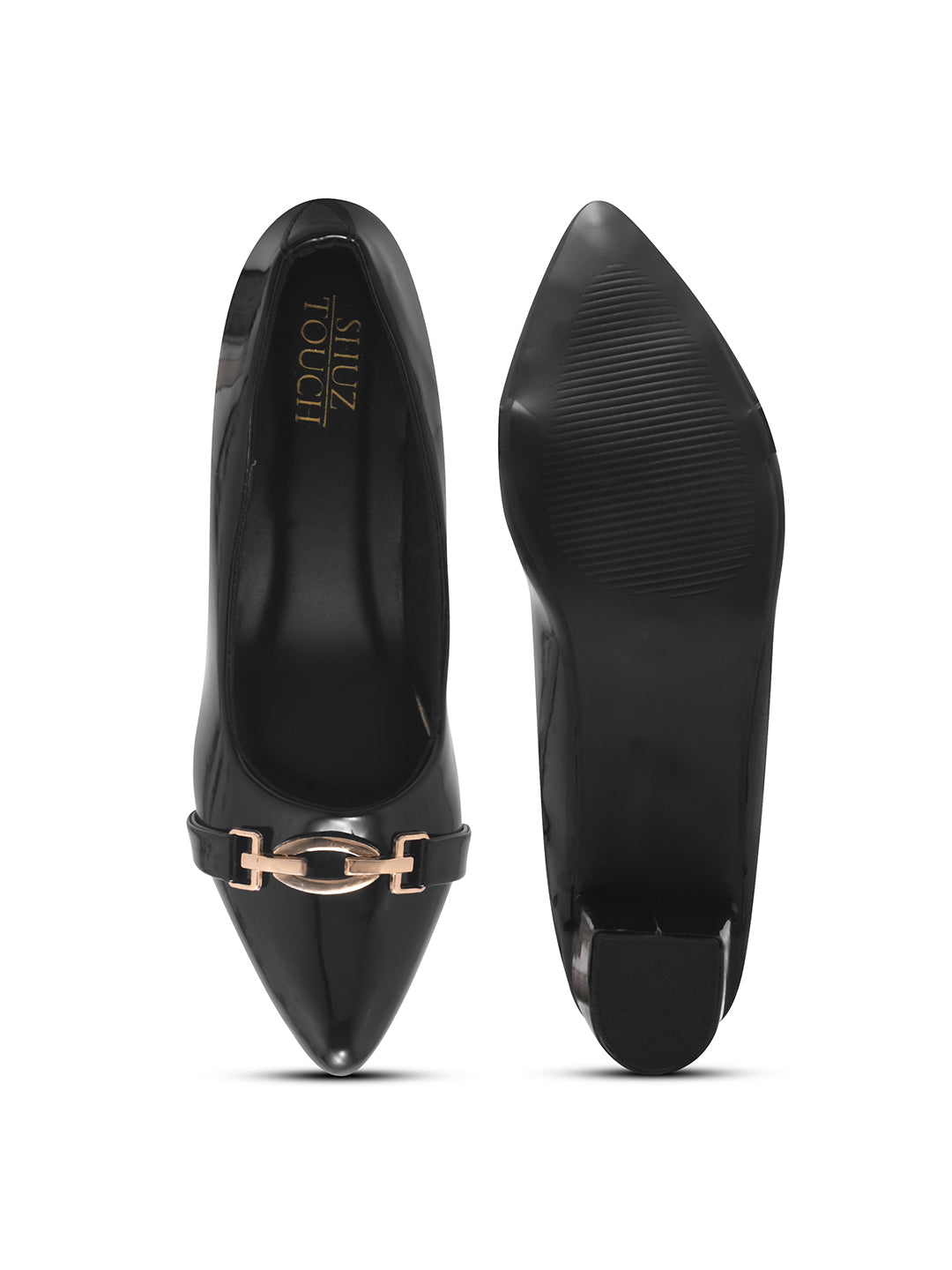 Black Classic Patent Block Pumps Heels with Gold Buckle