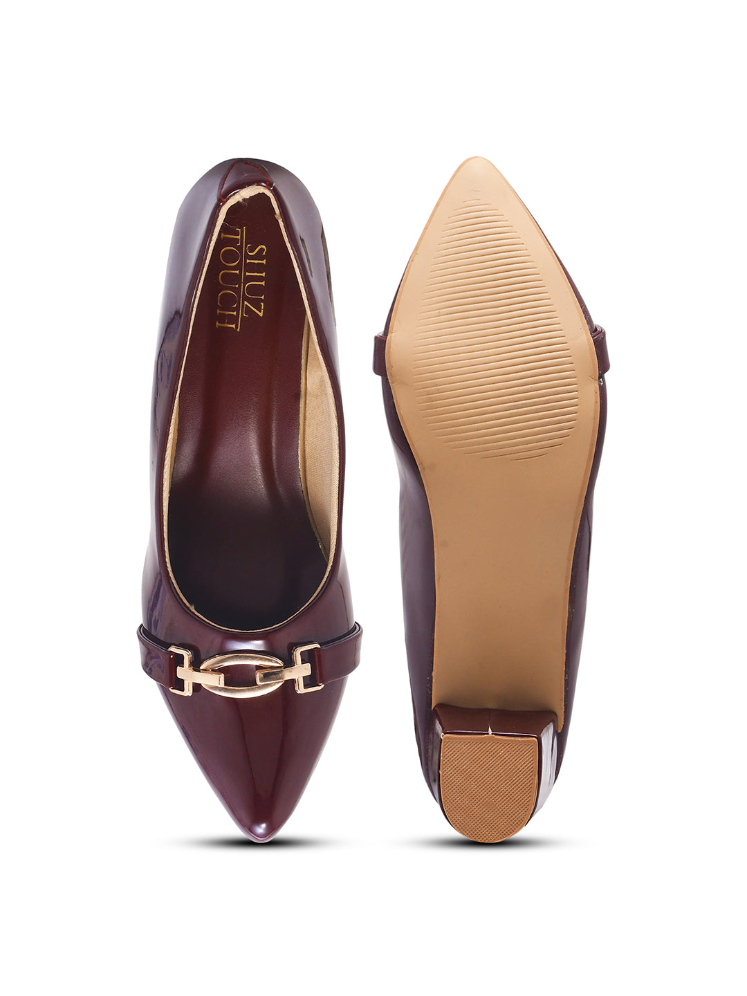 Cherry Classic Patent Pumps Block Heels with Gold Buckle