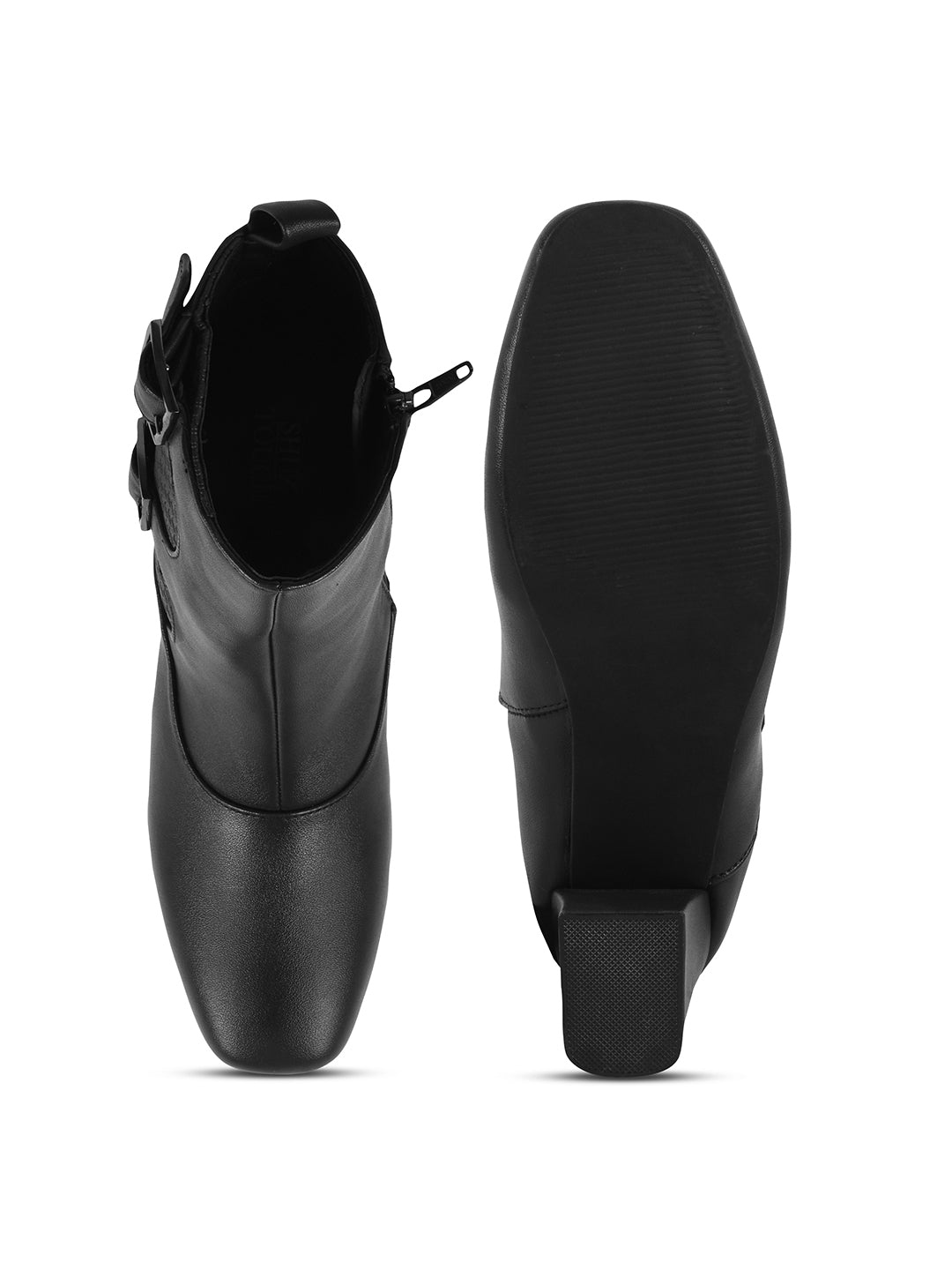 Mid Calf Block Heel Buckle Boots