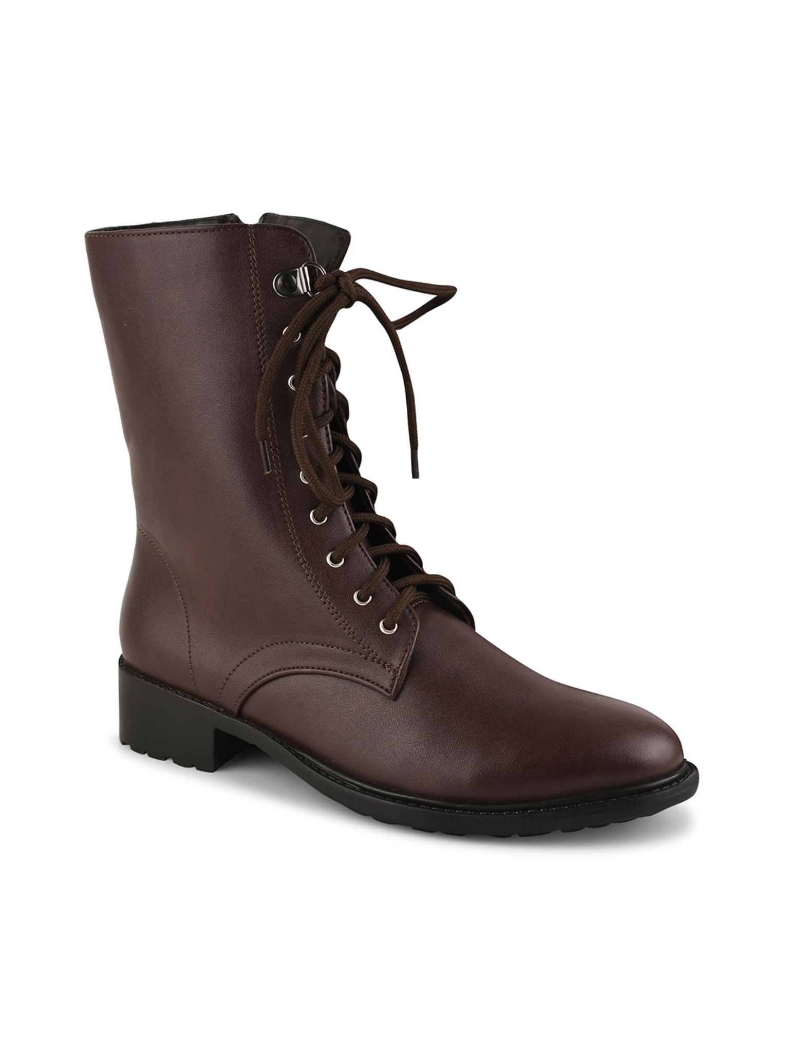 Women High Top Leather Block Heel Chunky Boots