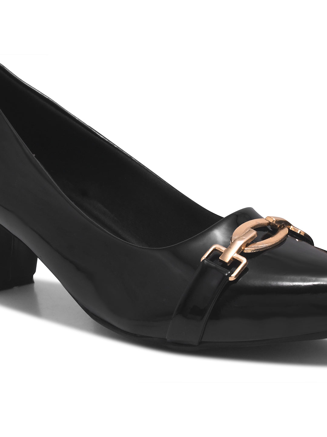 Black Classic Patent Block Pumps Heels with Gold Buckle