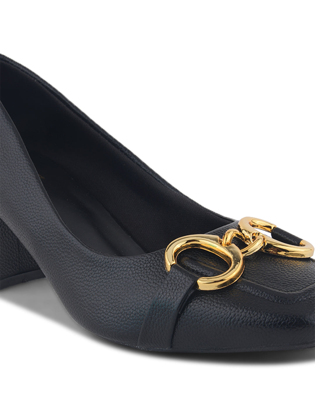 Textured Black Chain Block Heel Heel Pumps