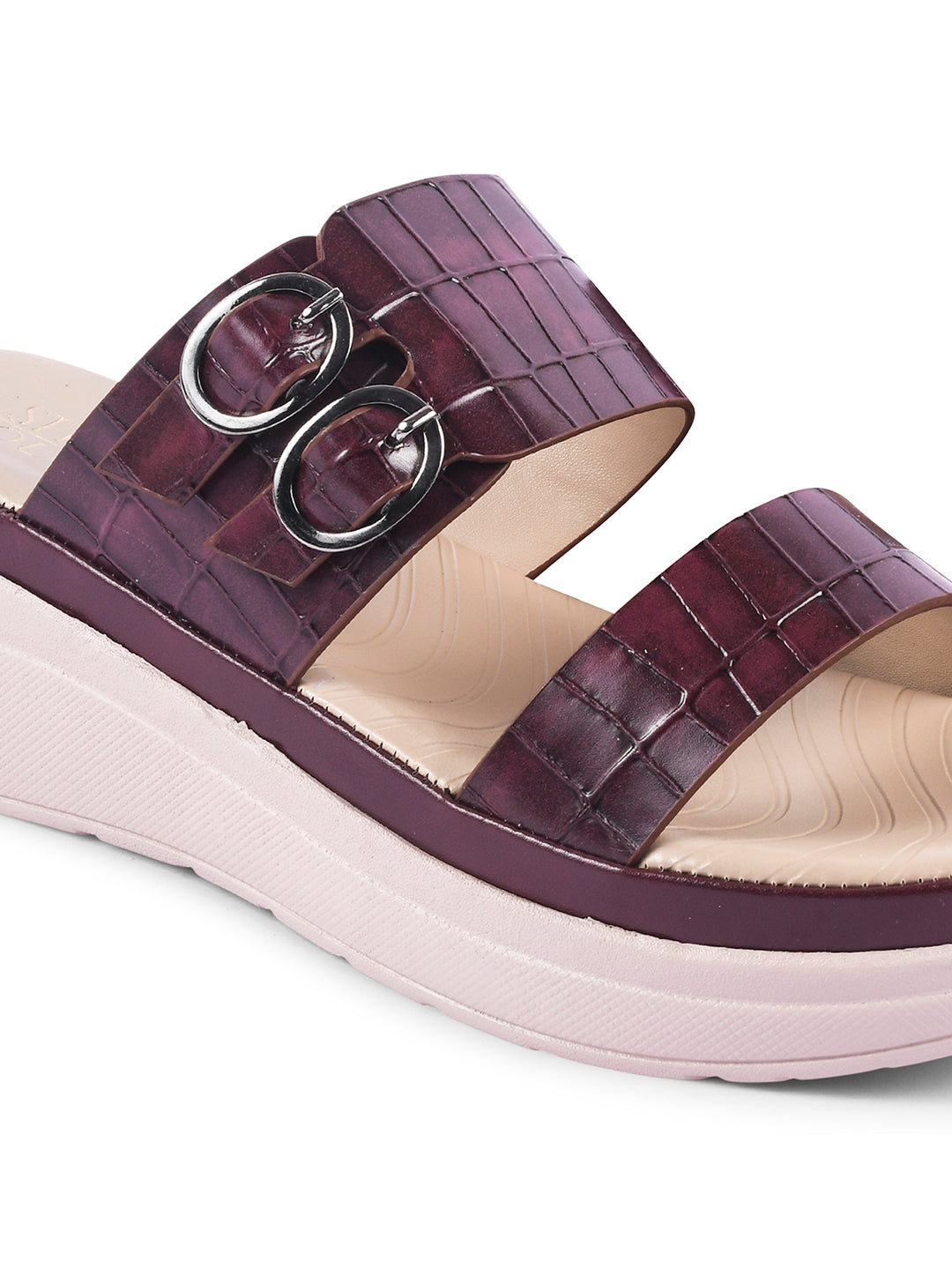 Textured Round Toe Comfort Wedges with Back Straps