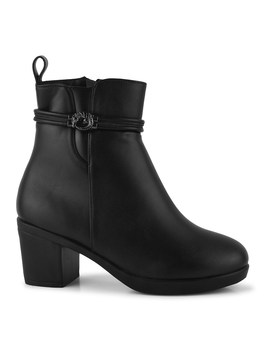 Black Solid Block Heel Ankle Boots