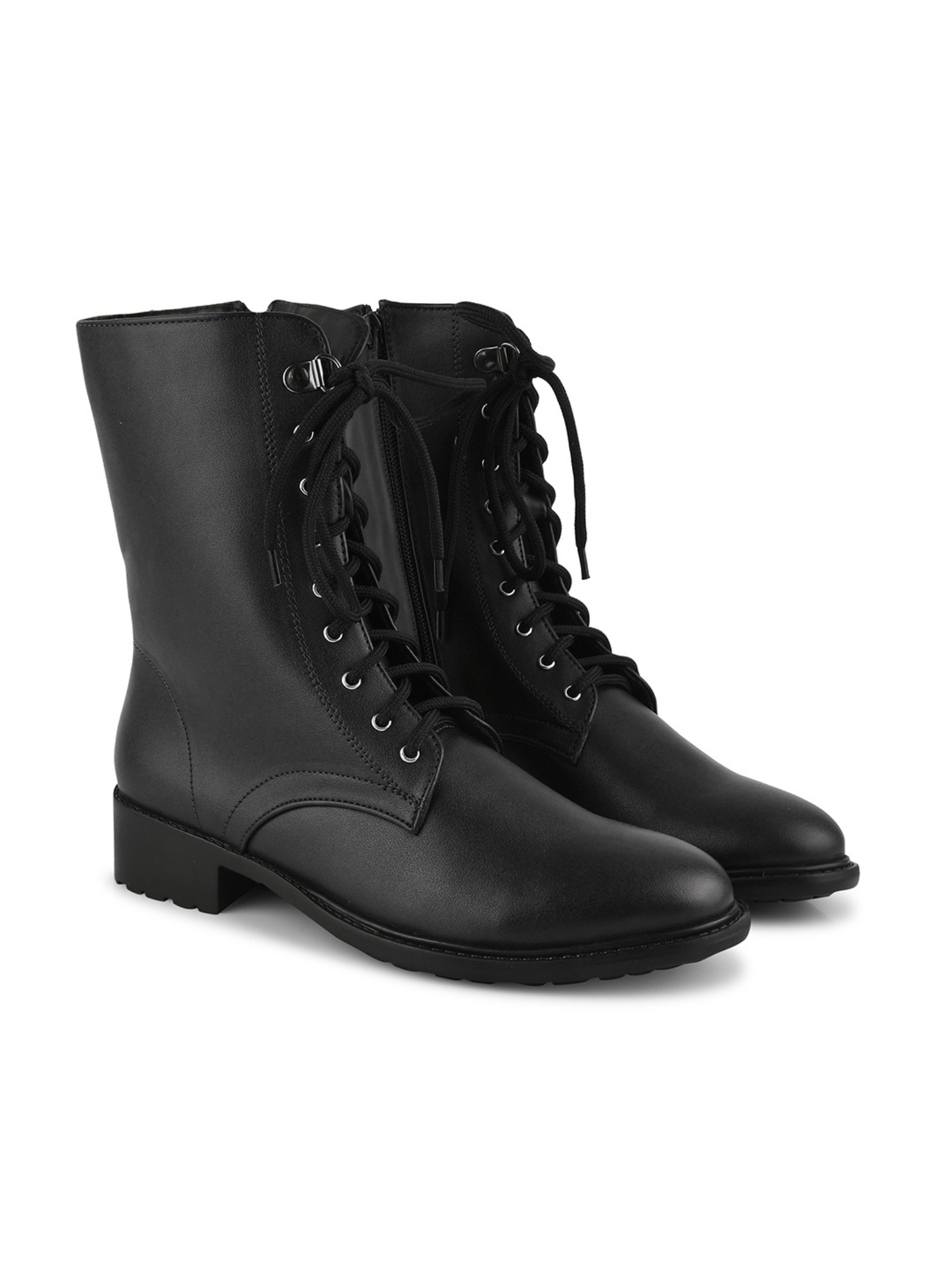 Women High Top Leather Block Heel Chunky Boots