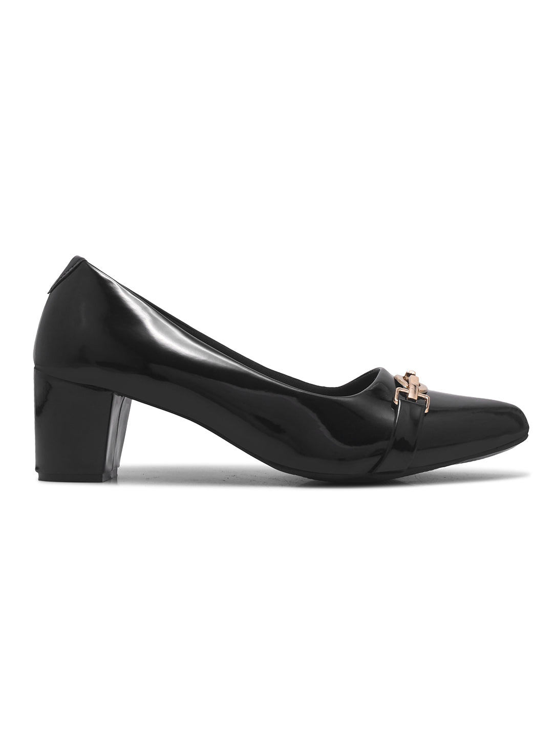 Black Classic Patent Block Pumps Heels with Gold Buckle