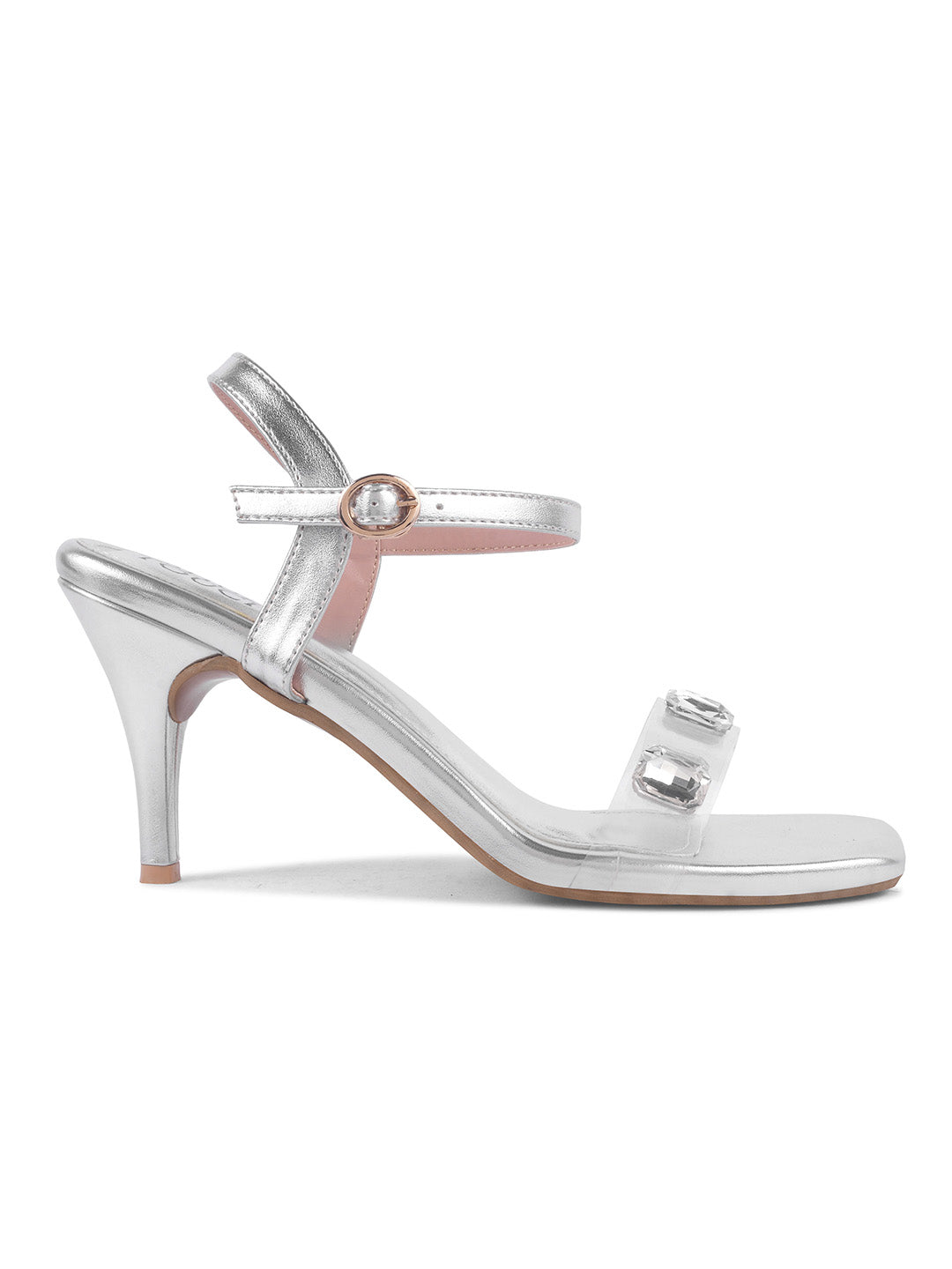 Diamond Silver Embellished Transparent Sandals Heels