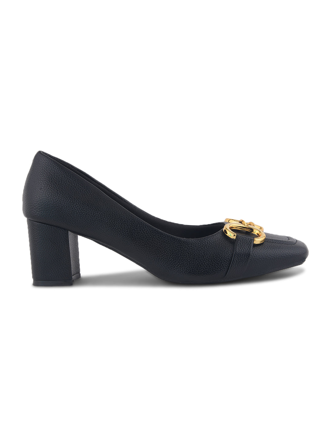 Textured Black Chain Block Heel Heel Pumps