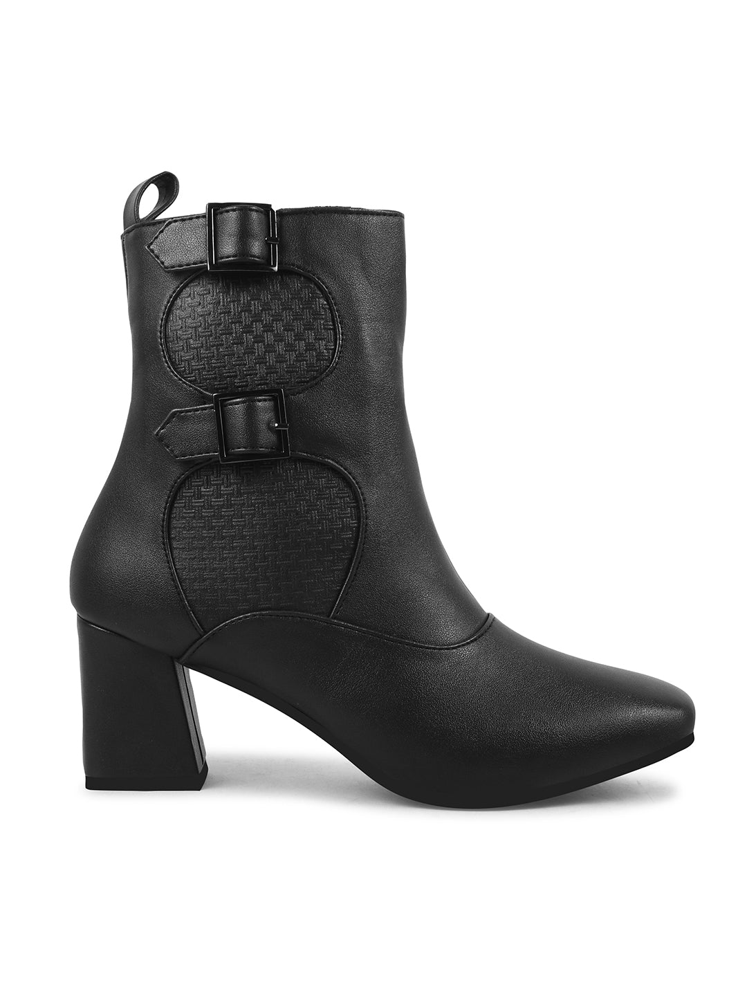Mid Calf Block Heel Buckle Boots