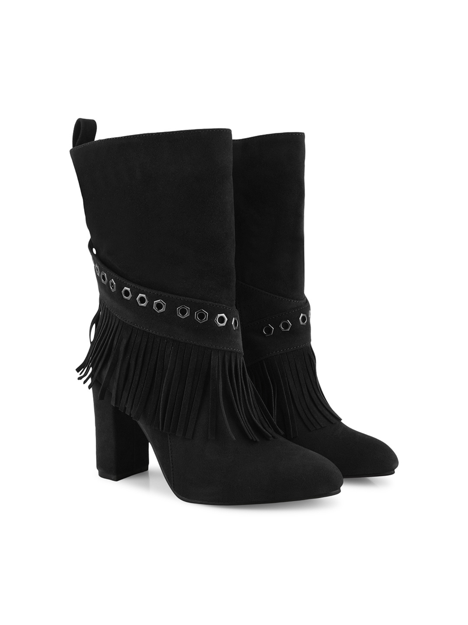 Women Fringed Block-Heeled Nubuck Chunky Boots