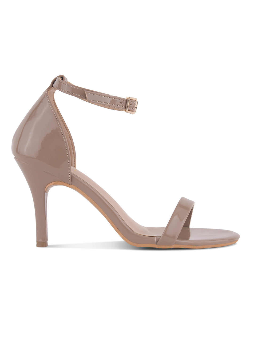 Beige Glossy Ankle-Strap Heels