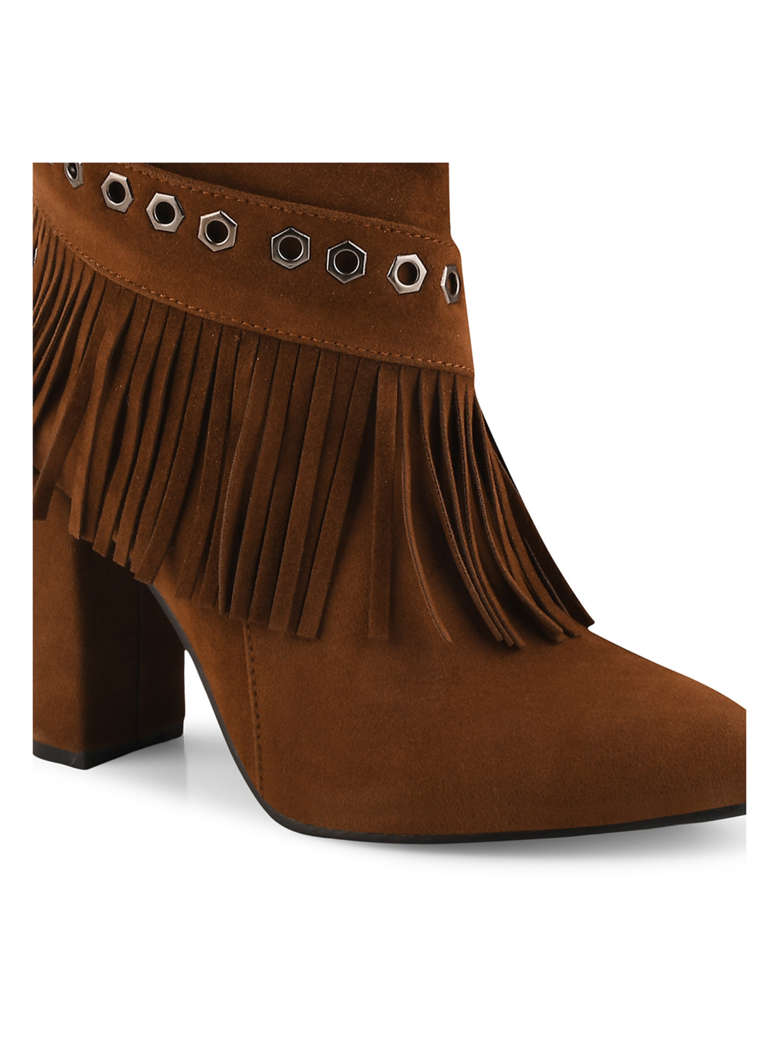 Women Fringed Block-Heeled Nubuck Chunky Boots