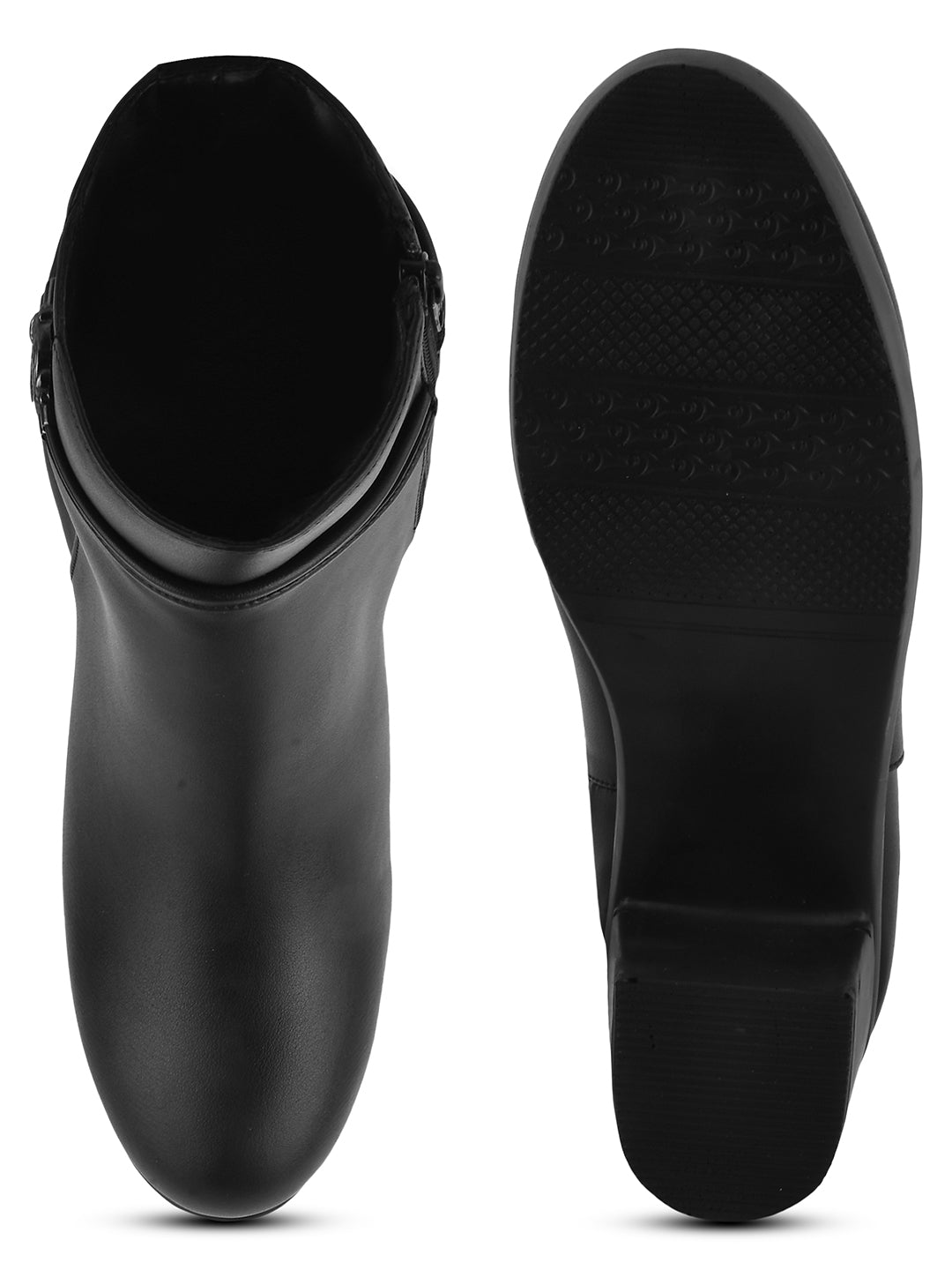Black Solid Block Heel Ankle Boots