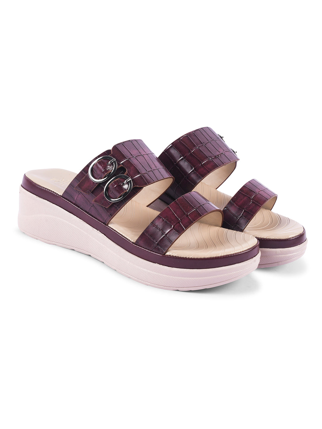 Textured Round Toe Comfort Wedges with Back Straps