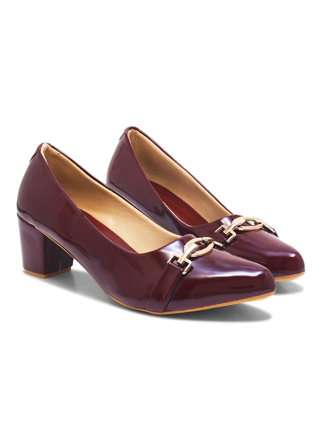 Cherry Classic Patent Pumps Block Heels with Gold Buckle