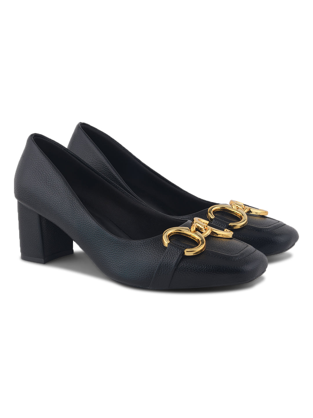 Textured Black Chain Block Heel Heel Pumps
