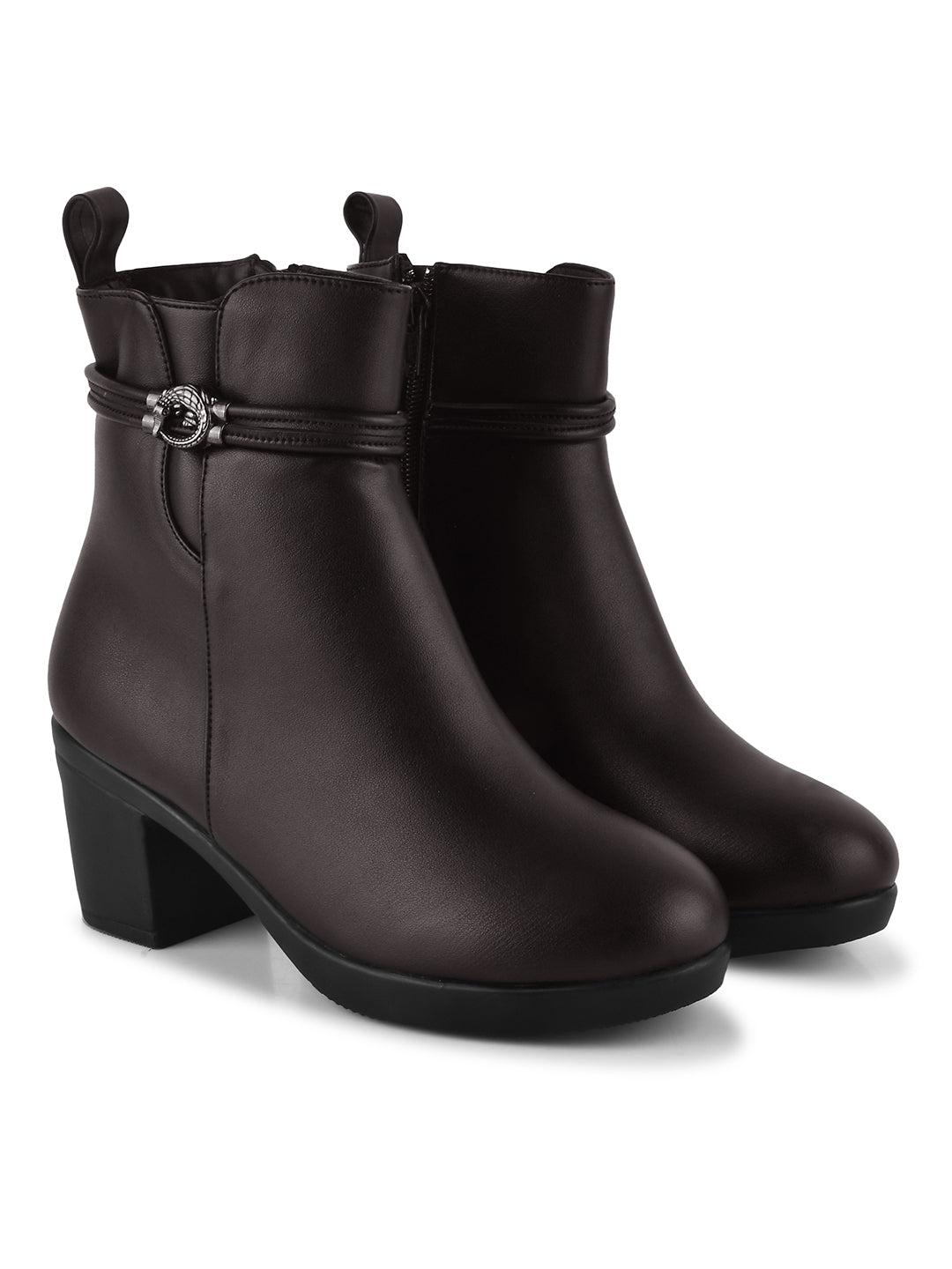 Black Solid Block Heel Ankle Boots