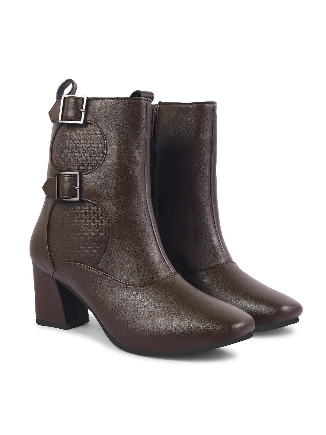 Mid Calf Block Heel Buckle Boots
