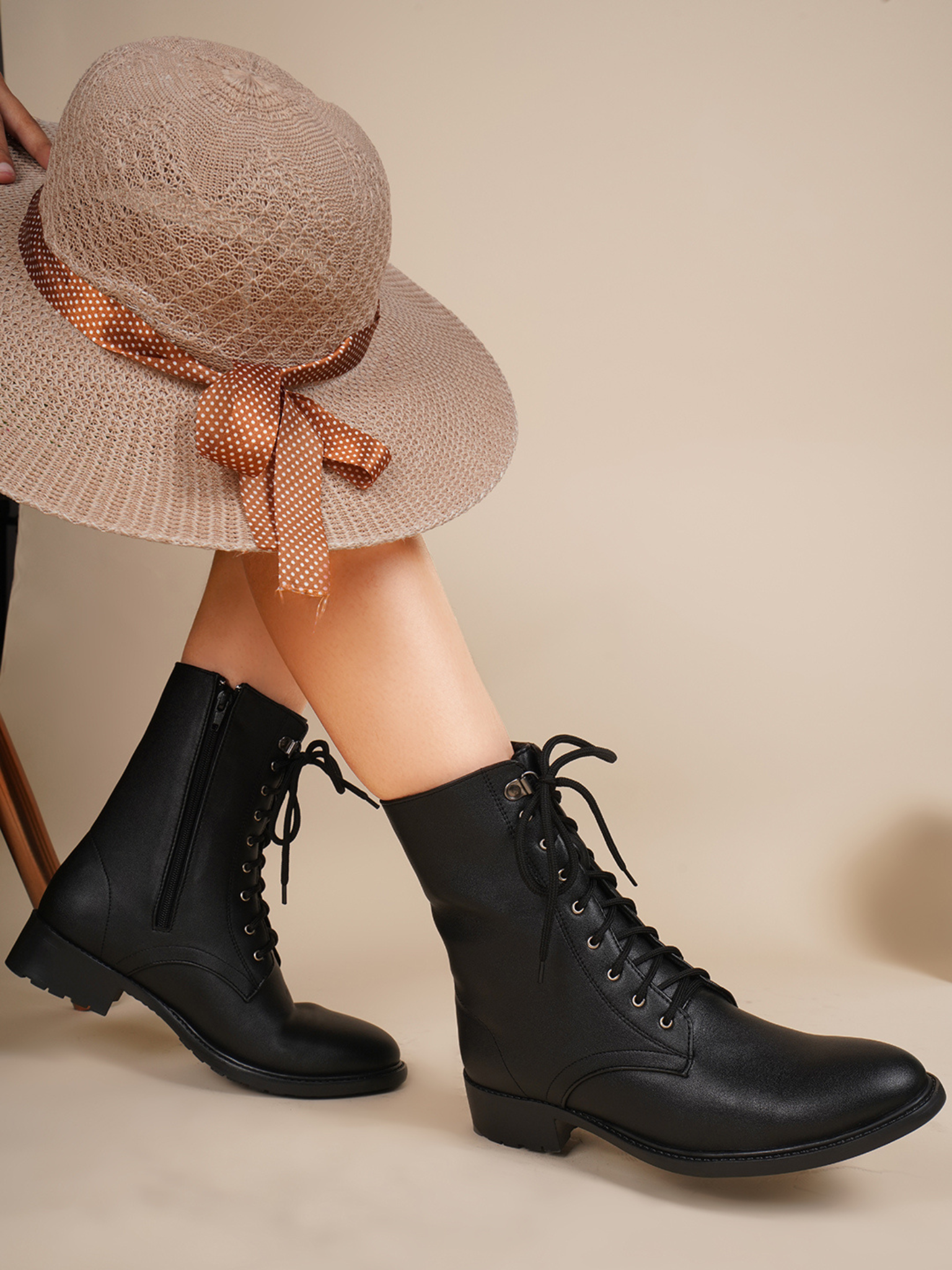 Women High Top Leather Block Heel Chunky Boots
