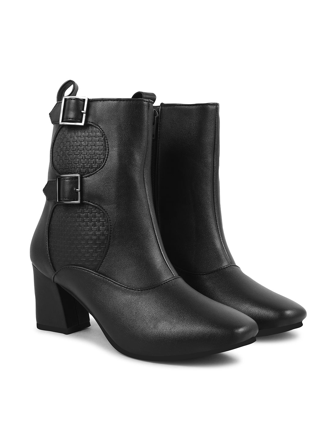 Mid Calf Block Heel Buckle Boots