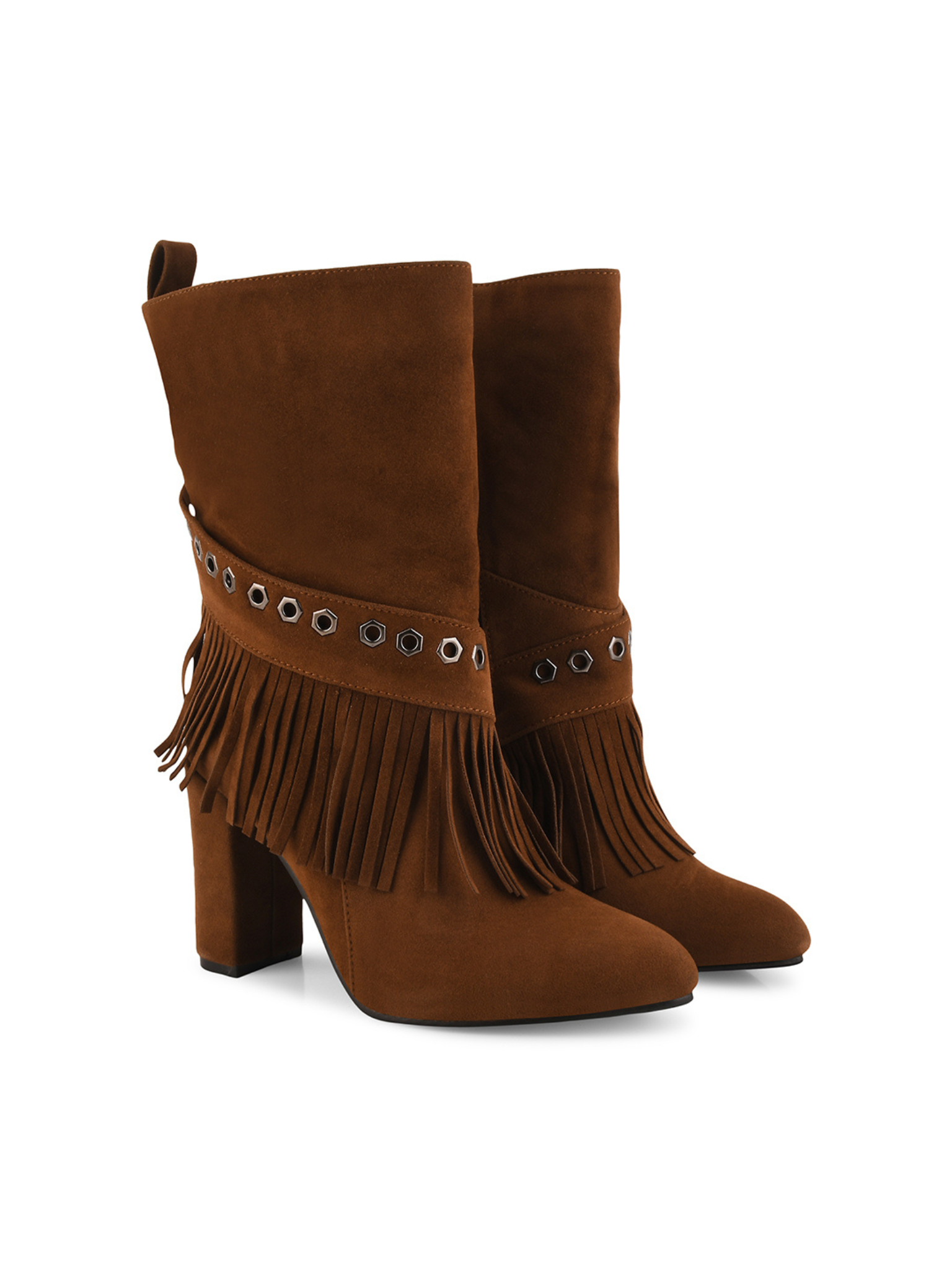 Women Fringed Block-Heeled Nubuck Chunky Boots