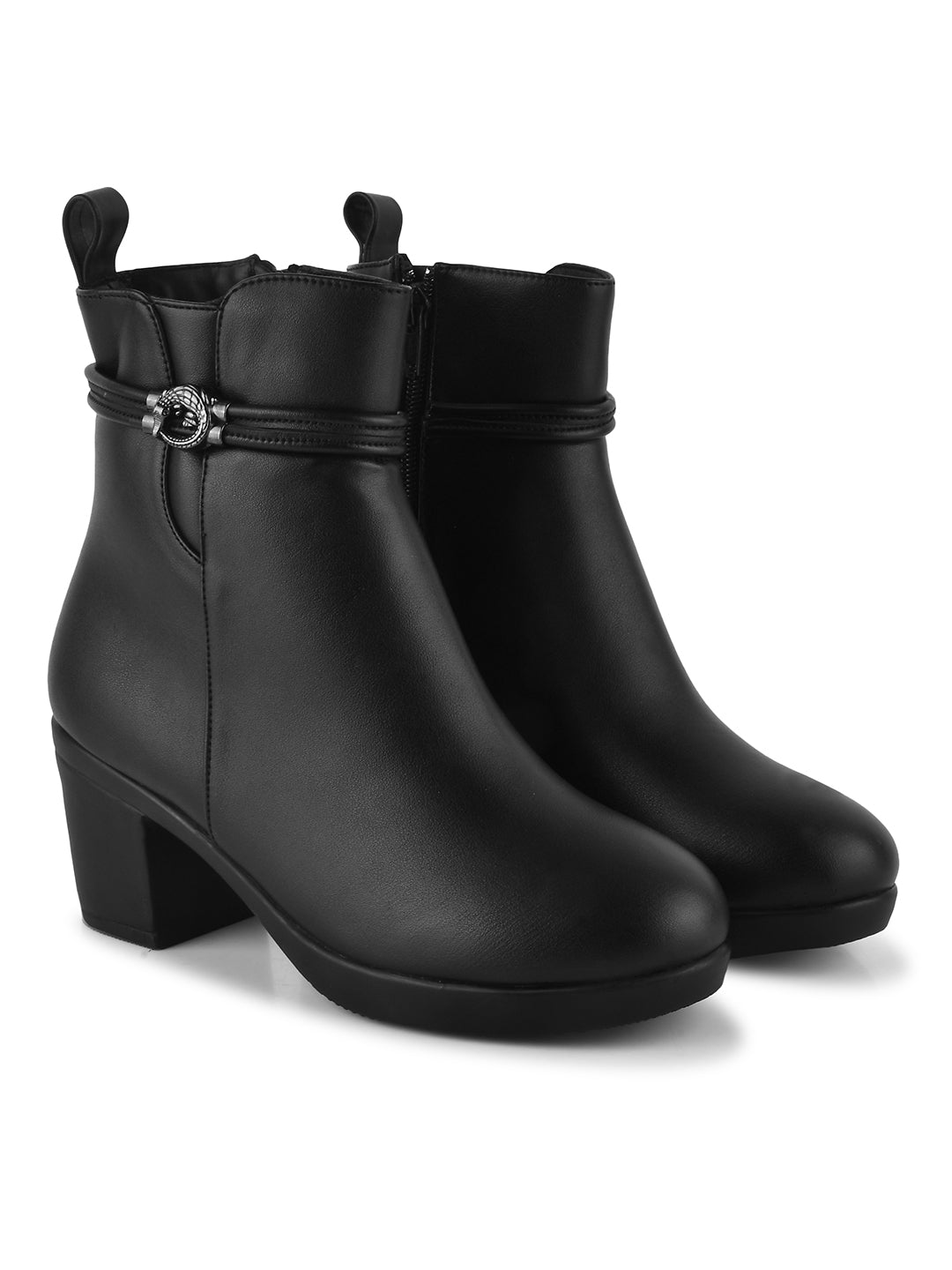 Black Solid Block Heel Ankle Boots