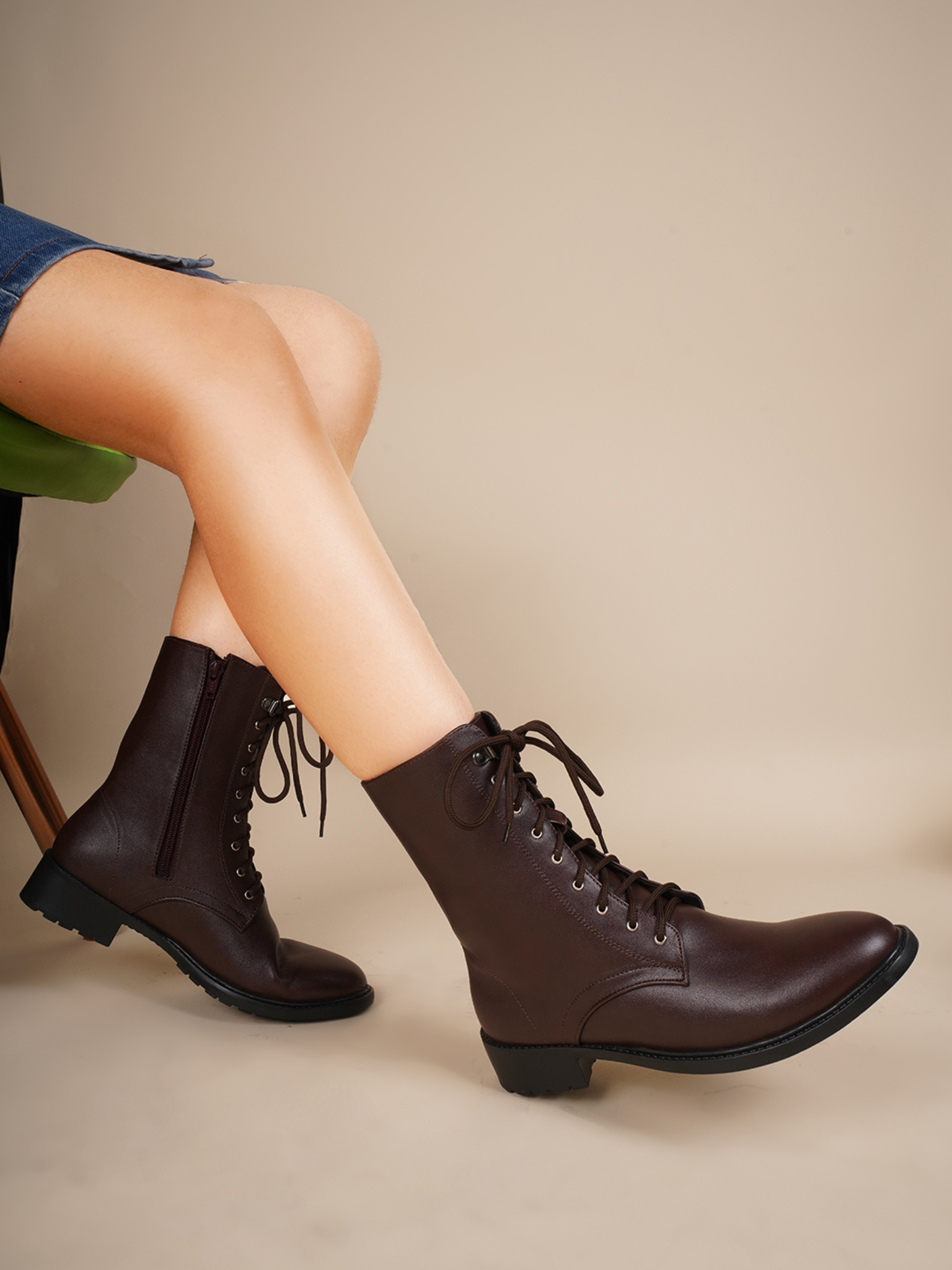 Women High Top Leather Block Heel Chunky Boots