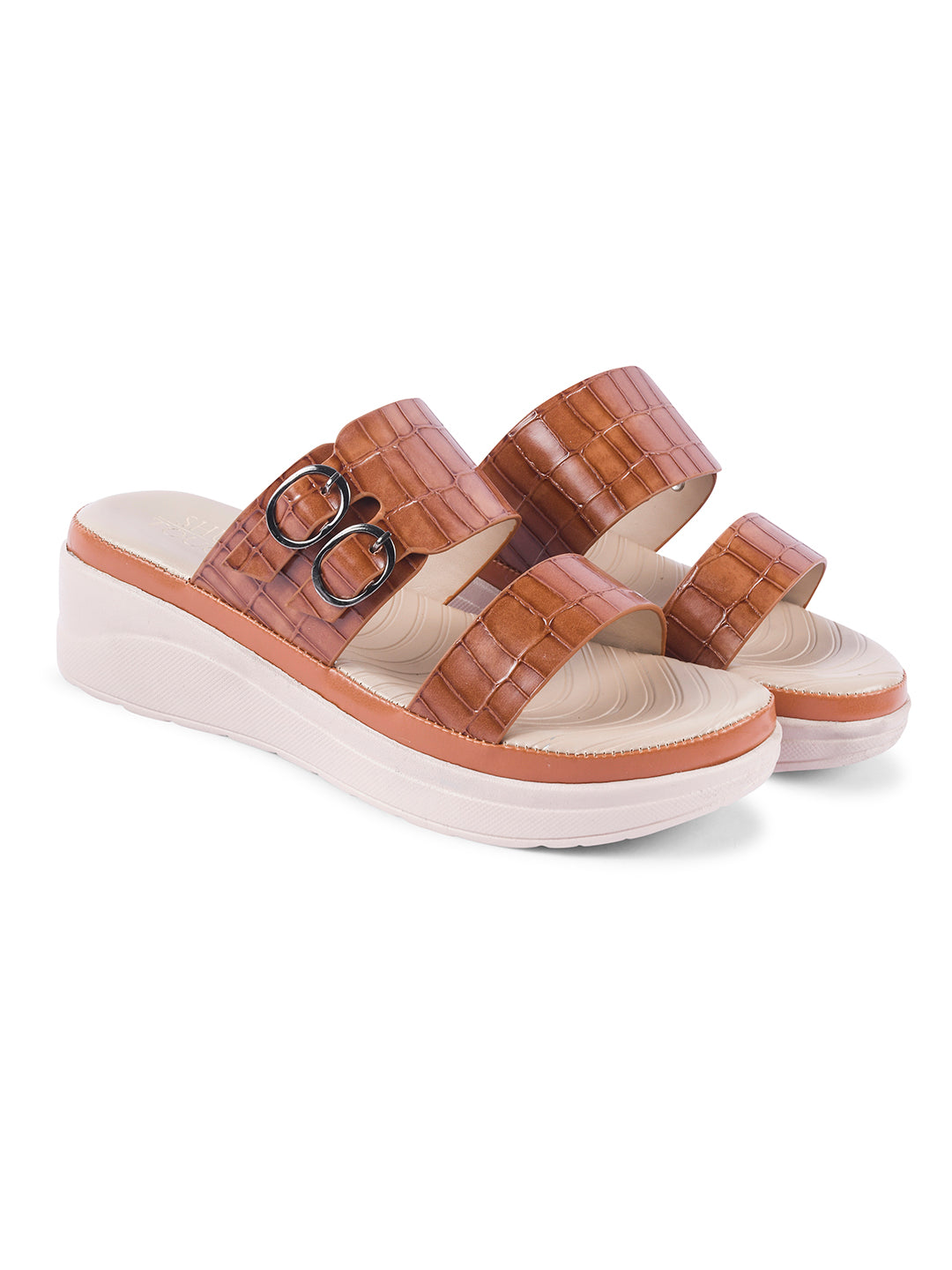 Textured Round Toe Comfort Wedges with Back Straps